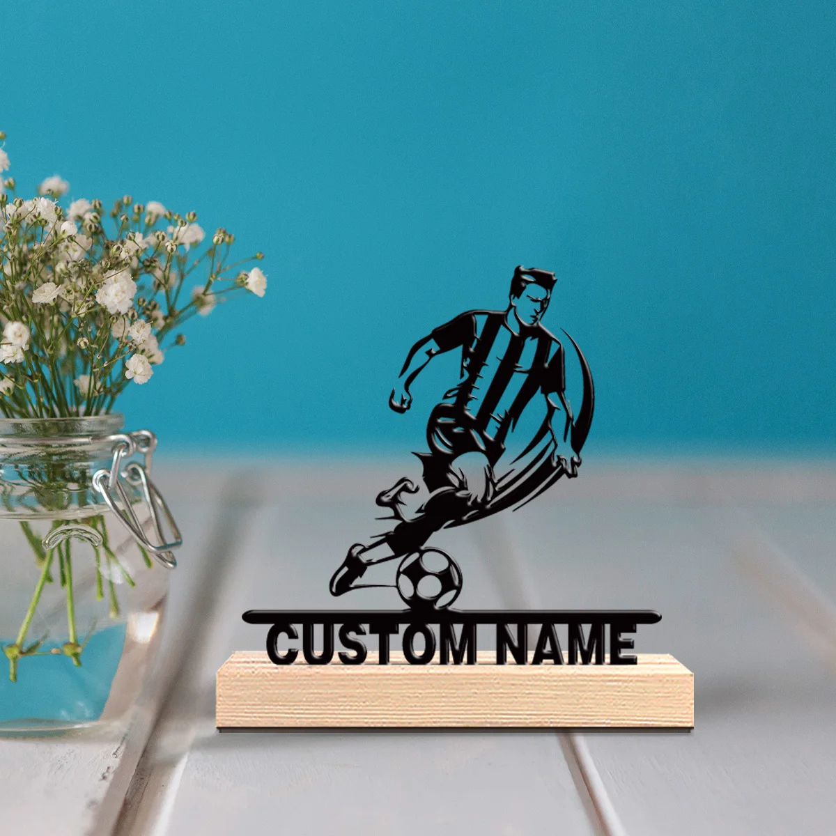 1pc Personalized Custom Football Player Metal Statues With Wooden Base Tabletop Decoration Wooden Base Wall Decor for Kitchen, D view 3