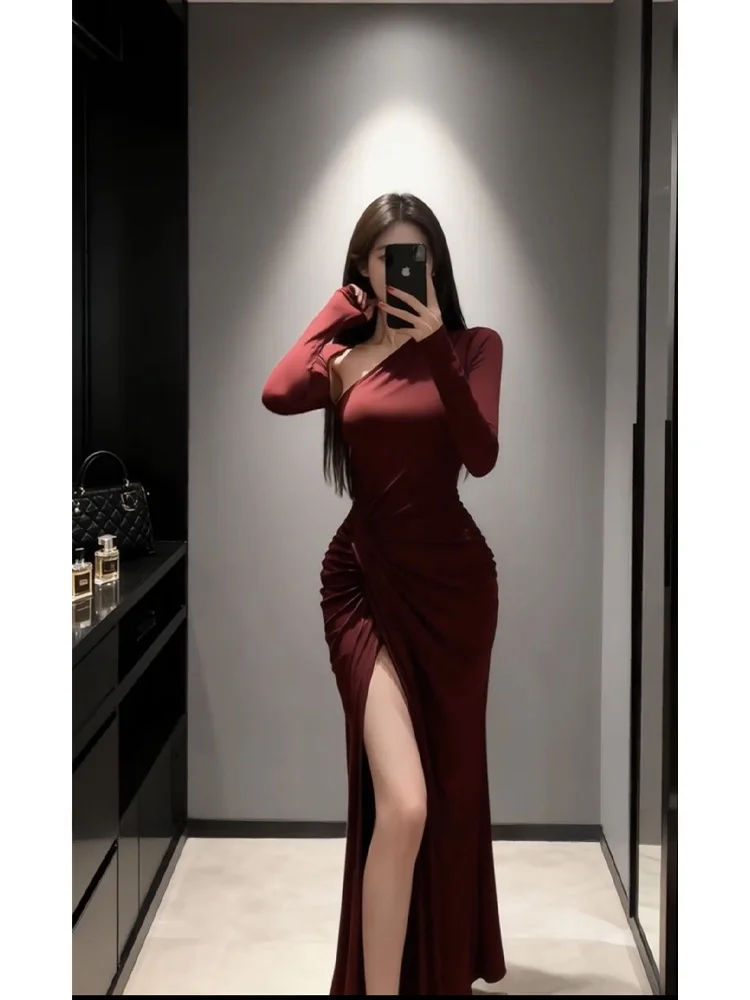 

Ele Slit Hollow out Pleated Long Dr Autumn Winter Design Sensation Slim Fit Dr Ladylike Sle Daily Wear Long Sve