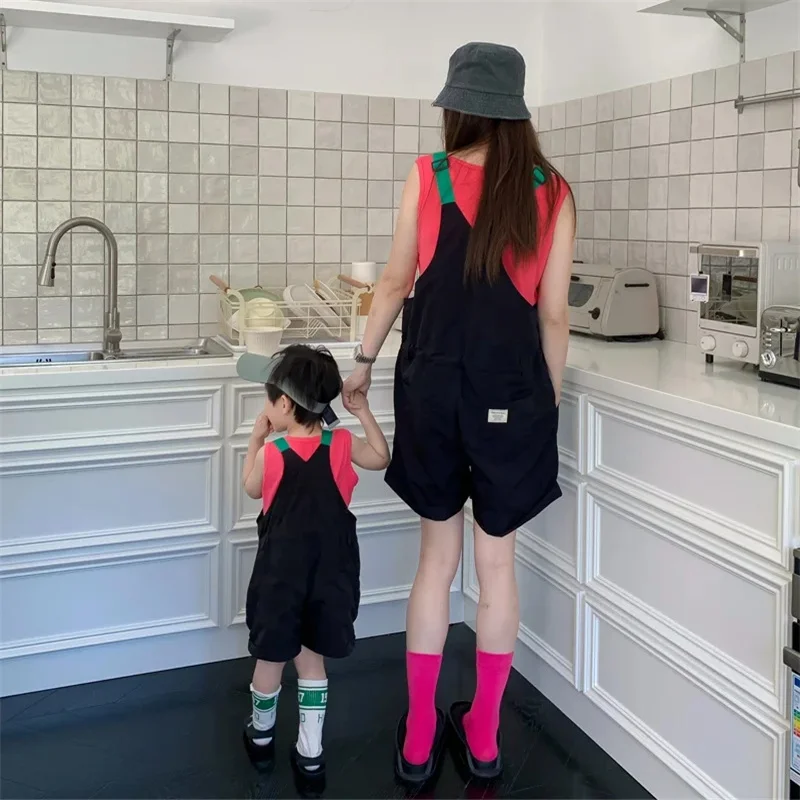 Fashion Mom and Son Matching Sleeveless Jumpsuit Mother and Daughter Overalls Equal Mommy and Me Suspender Pants Kids Clothes