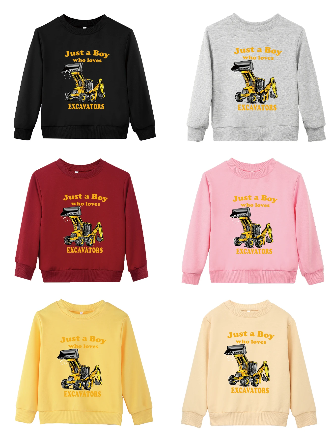 Just A Boy Who Loves Excavators Print Sweatshirts Child Boy Girl Crewneck High Quality Excavator Pattern Pullover Hoodies Tops