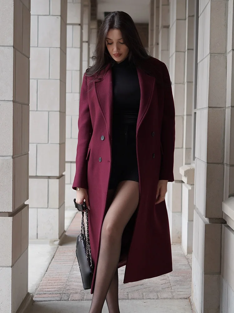 Women Elegant Burgundy Lapel Long Blend Pea Coat Fashion Double Breasted Long Sleeve Maxi Coat Female High Street Outerwear