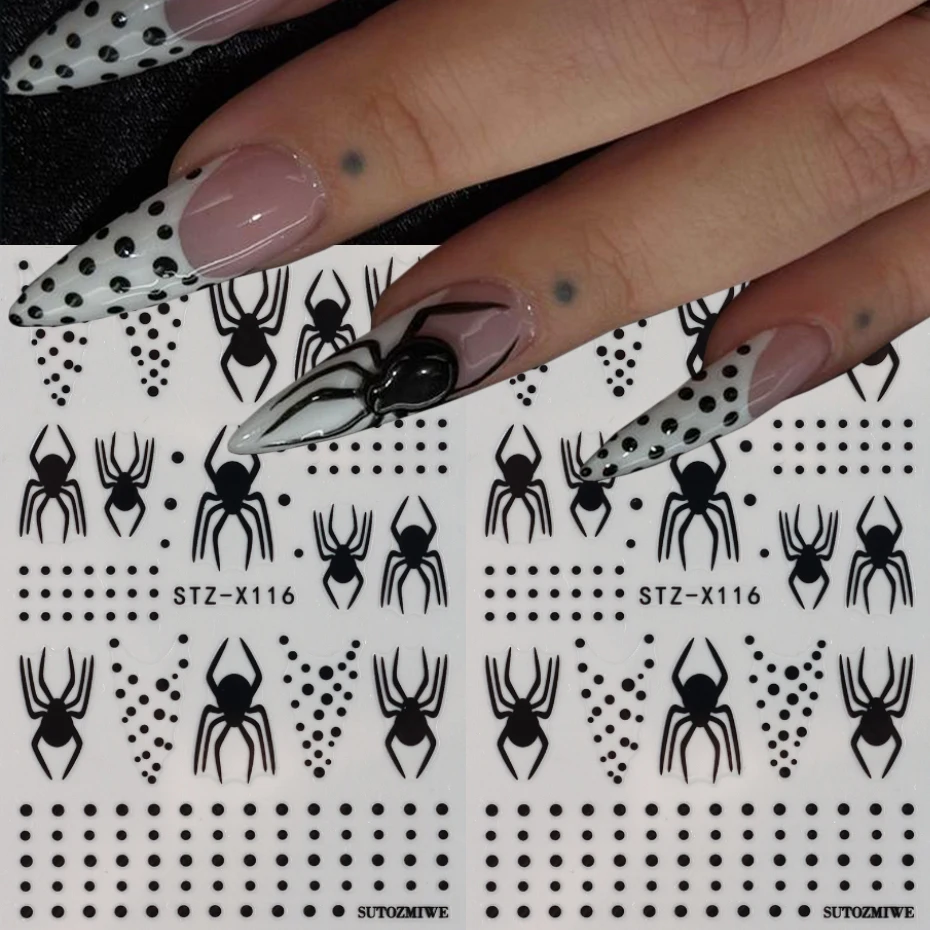 Black Spider Web and Spider Nail Art Stickers Self-Adhesive Halloween Spider Patterns Nail Decals for Women Nail Art Supplies