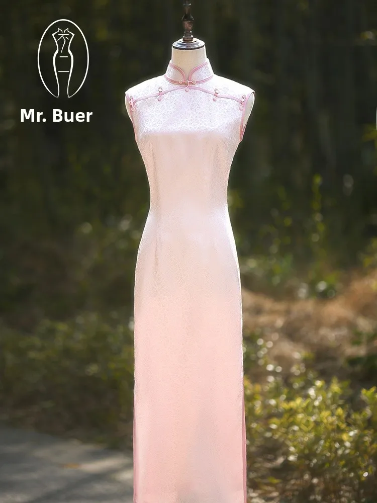 

Розовое ципао Ele для свадебной церемонии, молодежное, стройнящее, китайское, с коротким рукавом, длинное ципао для помолвки