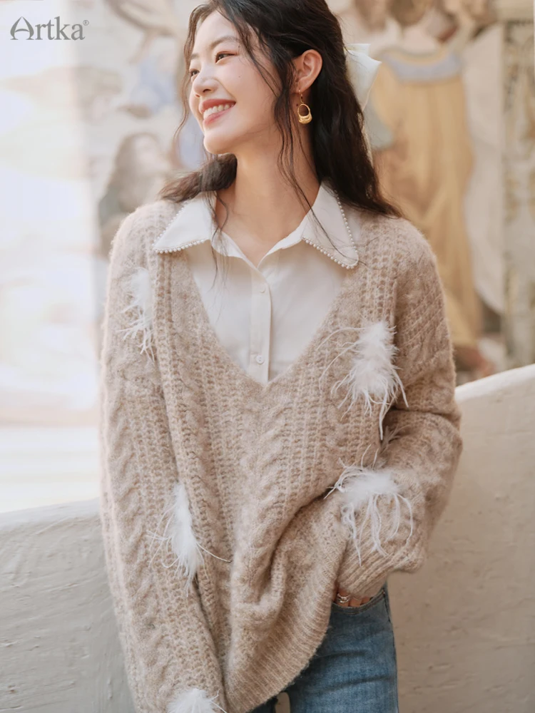 ARTKA 2022 Autumn New Women Sweater Fashion Loose Lazy Style Knitted Sweaters V-Neck Long Sleeve Feather Wool Knitwear YB92028Q