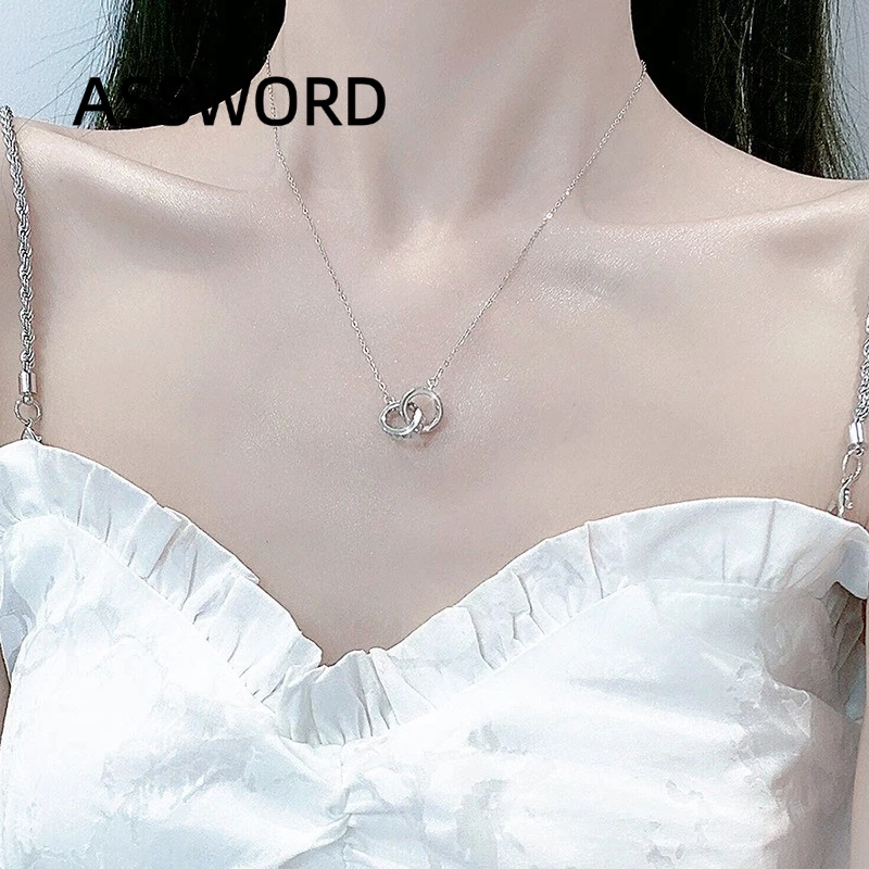 Women's 925 Sterling Silver Interlocking Double Ring Necklace