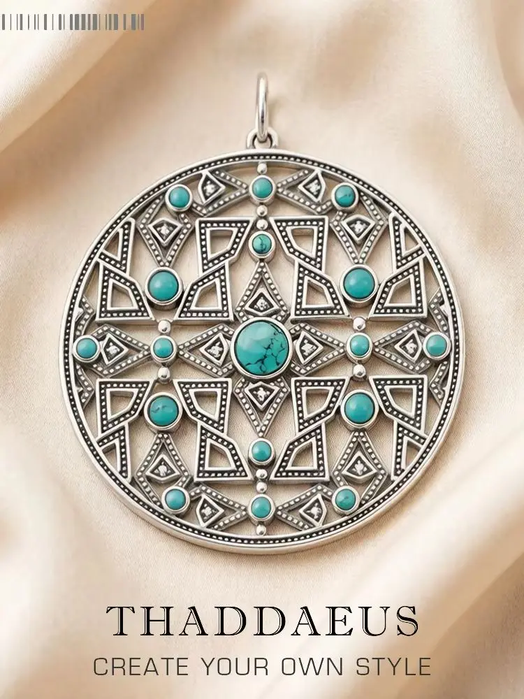 Blauer Stein, runder Ornament-Anhänger, brandneuer Schmuck, Vintage-Stil, 925er Sterlingsilber, Accessoires, Geschenk für Frauen – Detail 1