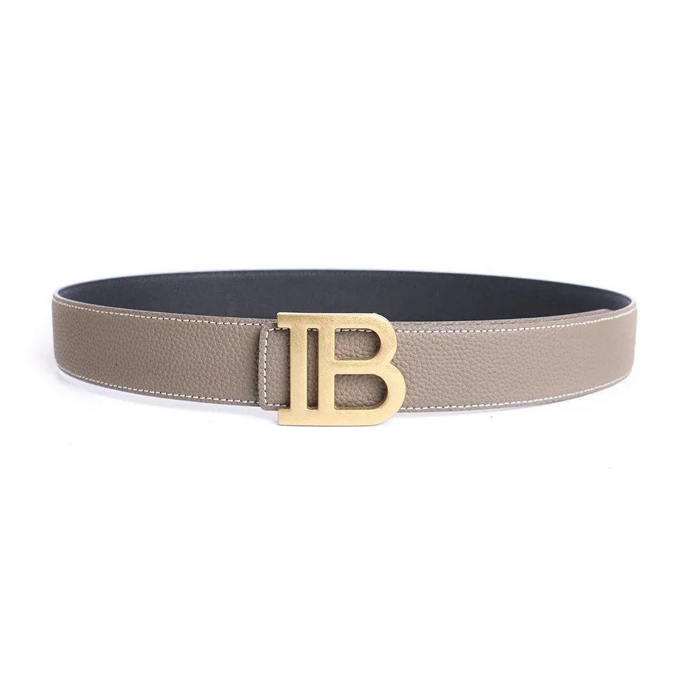 2024 Grey Luxury Brand Designer B Buckle Belt Men High Quality Women Genuine Real Leather Dress Strap for Jeans Waistband