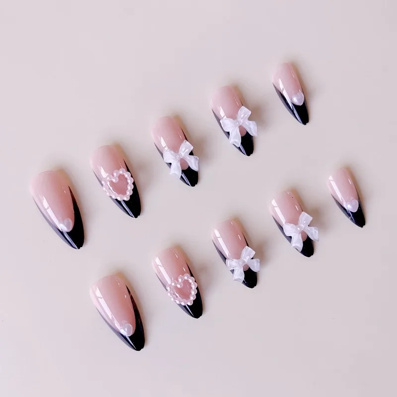 24 قطعة خريف شتاء الراقية الأظافر كاذبة الأسود الفرنسية القوس الحب عارية الوردي الأظافر وهمية القابلة للإزالة قطرة الماء شكل اضغط على الأظافر net jep #4