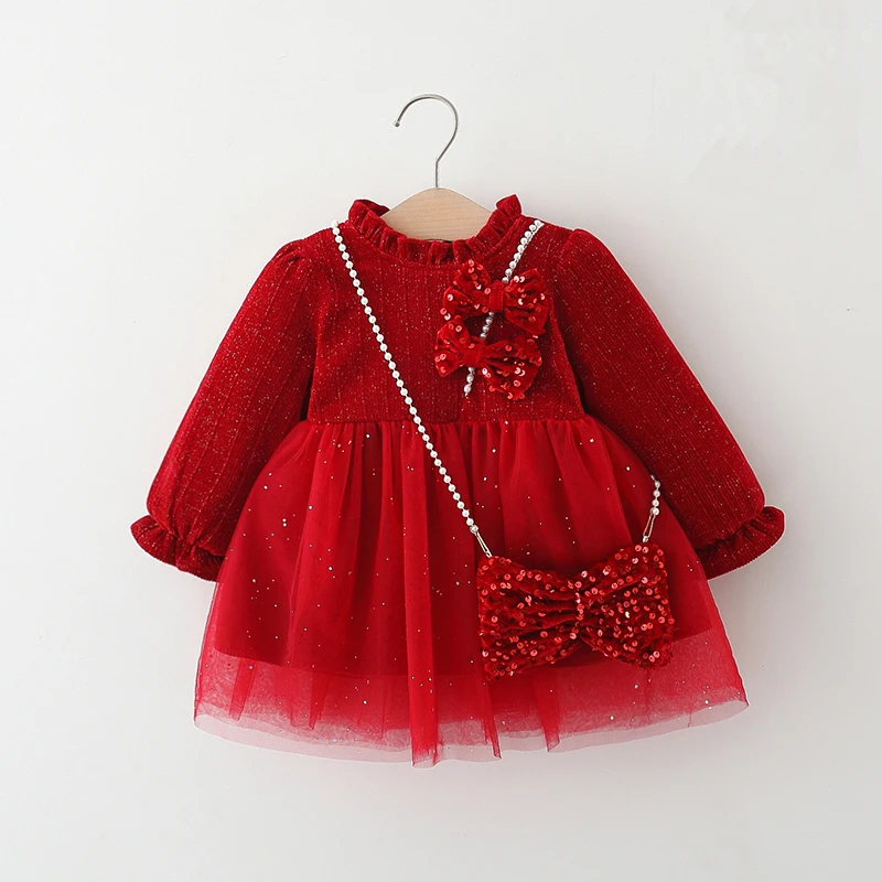 Winter 2/piece Christmas set girl baby dress+bag children\'s red party birthday princess mesh princess dress