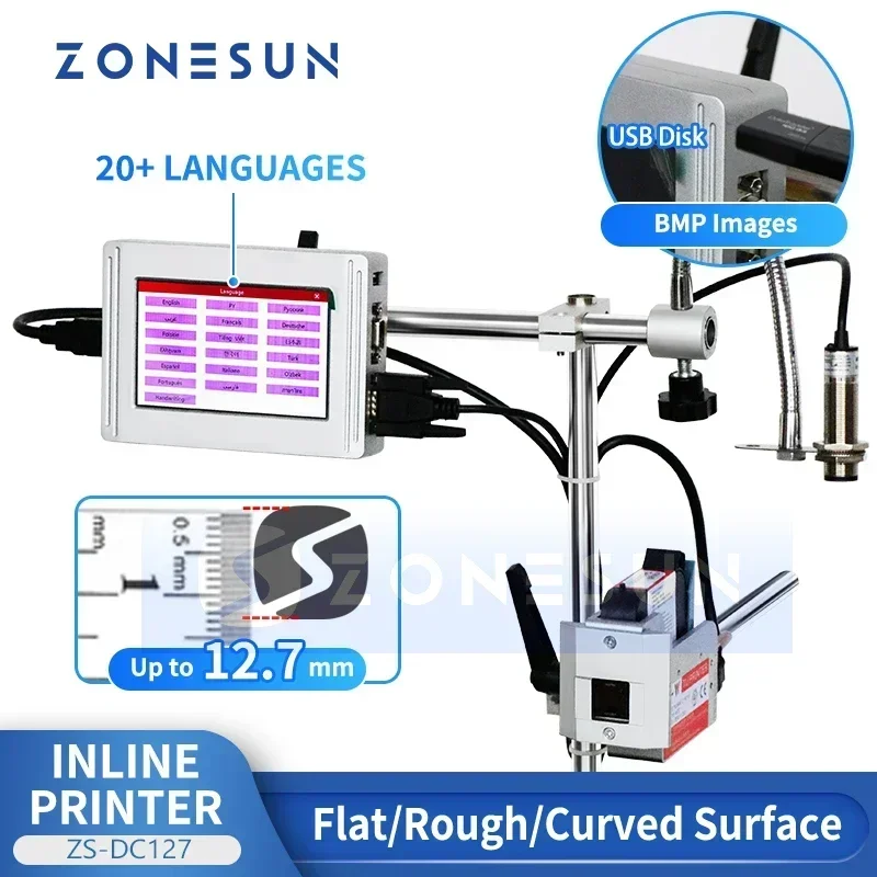 ZONESUN Inline Printer Date Coding Machine 12.7mm QR Code Barcode Batch Serial Number Production Date ZS-DC127