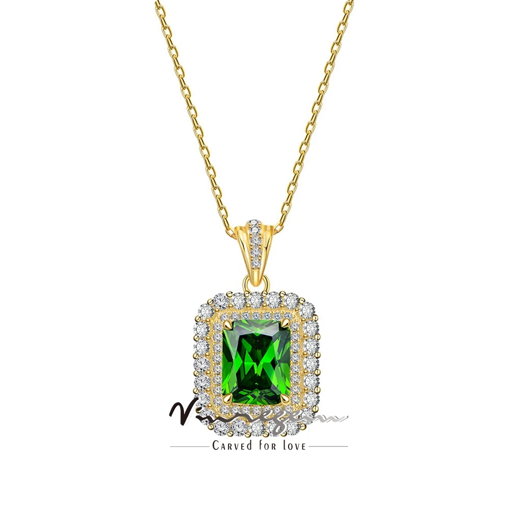 

Vinregem 8*10MM Lab Created Emerald Sapphire Gemstone Pendant Necklaces for Women 18K Gold Plated 925 Sterling Silver Jewelry