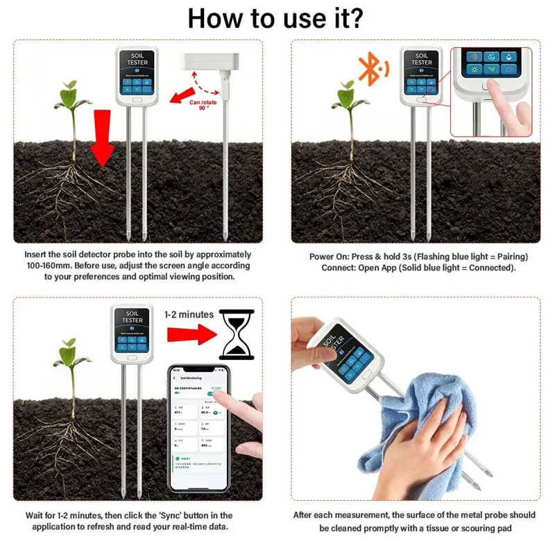 ABLN-6-In-1 Bluetooth Soil PH Tester EC Moisture Meter APP Logger Rechargeable Smart Plant Monitor For Garden Indoor Outdoor