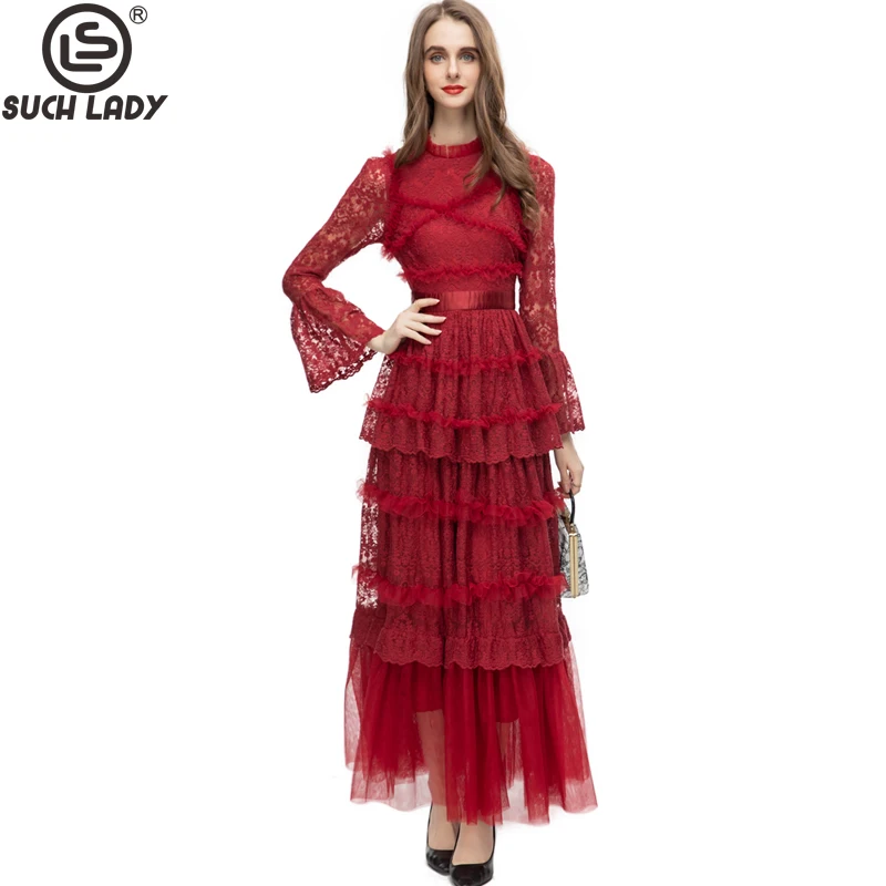 

Women's Runway Dresses O Neck Long Sleeves Embroidery Lace Ruffles Elegant Desiger Party Vestidos