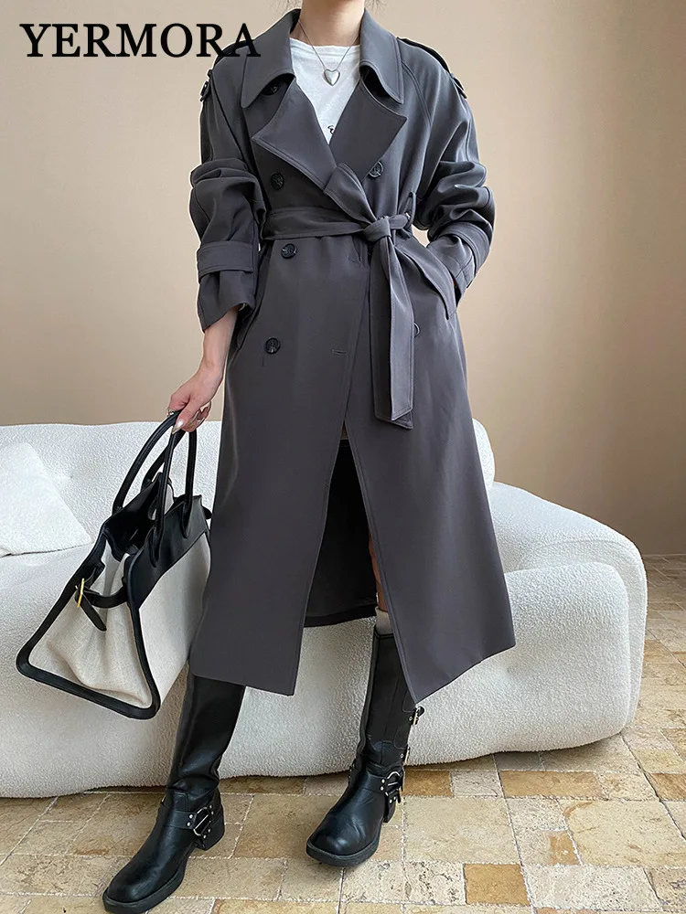 

YERMORA Gray Double-breasted Belted Casual Trench For Women Lapel Long Sleeve Loose New Windbreaker Fashion Spring Autumn 2025