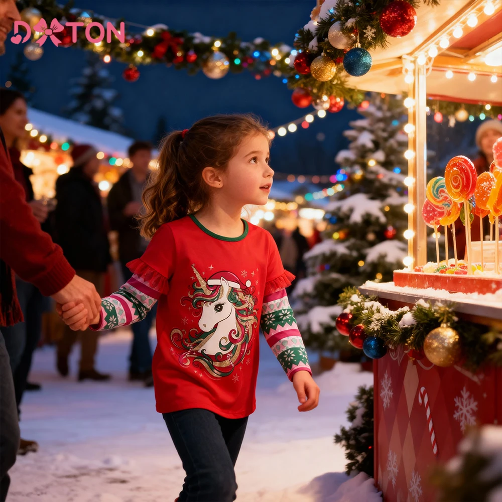 DXTON Weihnachten Kinder Geschenk Schneeflocke Mädchen Tops gefälschte zwei Kleinkind Baumwollbluse ‌   Oberbekleidung Einhorn Rot Neujahr Kinder T-Shirts