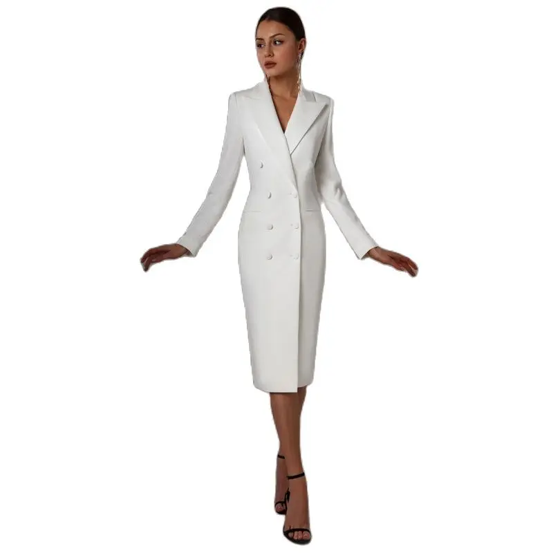 Blazer long imbibé pour femme, veste à double boutonnage, smoking blanc, vêtements à revers, fête