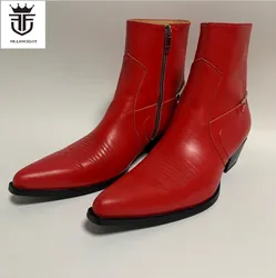 Brand New Fashion men red boots men point toe embroidery boots side zip mujer botas chunky heel