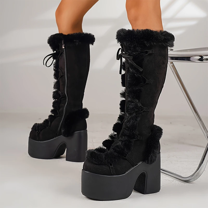 Super High Heels Women Fur Snow Boots Platform Winter Shoes 2025 Designer Party Pumps Warm Plush Long Boots Zip Goth Mujer Botas