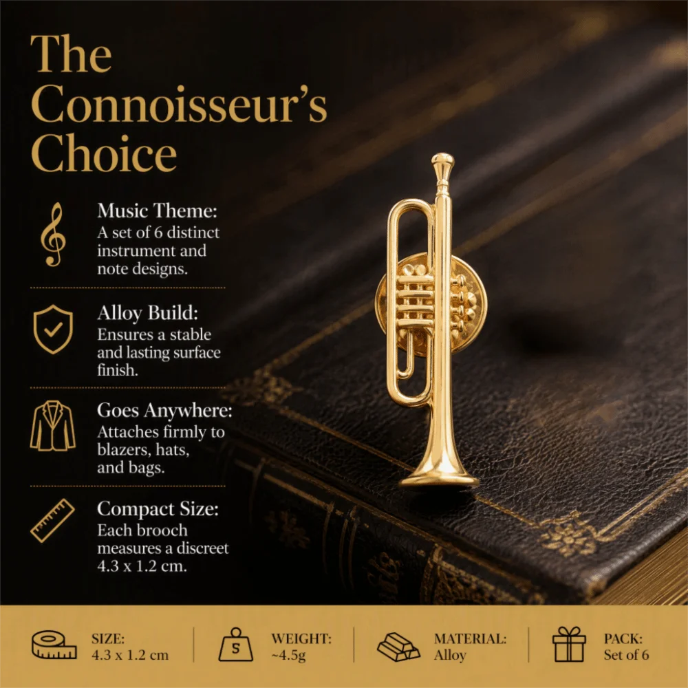 6pcs Pin Back Musical Instrument Brooch Gold Finish Multi‑Pattern Set Trumpet Brooch Pin Alloy Material Shape Brooch Pin
