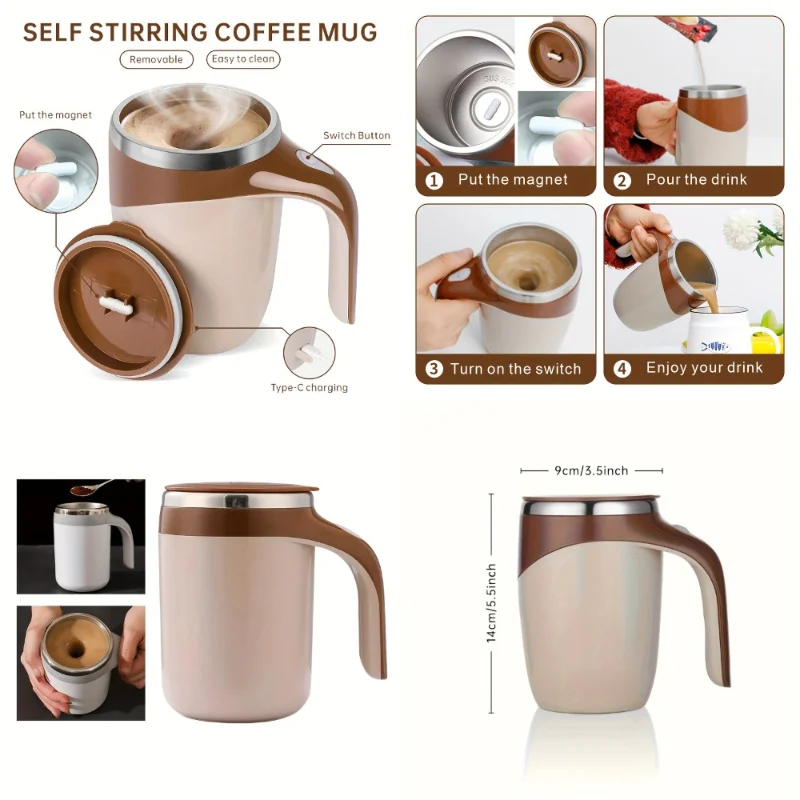 

Large 20oz Magnetic Coffee Mixing Cup, Portable Battery-Operated Lazy Cup with Auto Stirring, Coffee Color, Model C0012