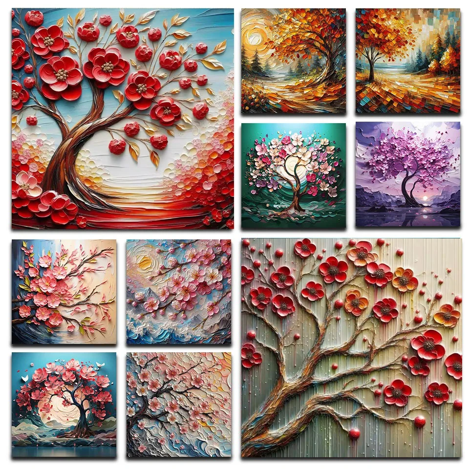 다이아몬드 페인팅 아트 DIY 수채화, 붉은 생명의 나무, 다이아몬드 모자이크 키트, 5D 정사각형 및 원형 모조 다이아몬드, 수제 크로스 스티치