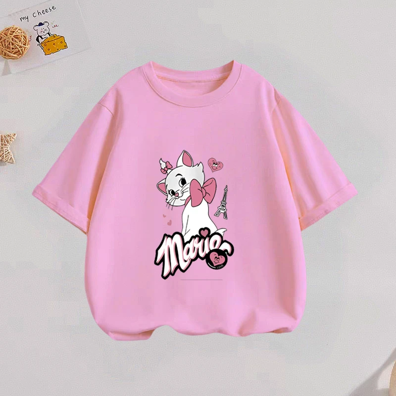 

2-12 Age Girls Clothing Summer Short Sleeve Tops Tees Loose Fashion Cartoon T-shirt Marie Cat Pink Children's T Shirts O-neck