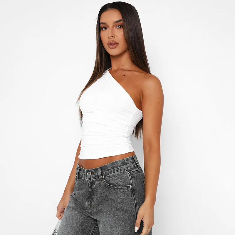 Einfarbig eine Schulter rücken frei schrumpfen Tank Top T-Shirt Süßigkeiten Farbe eng sexy ärmellose Hals ohne schlanke Casaul Top – Detail 22