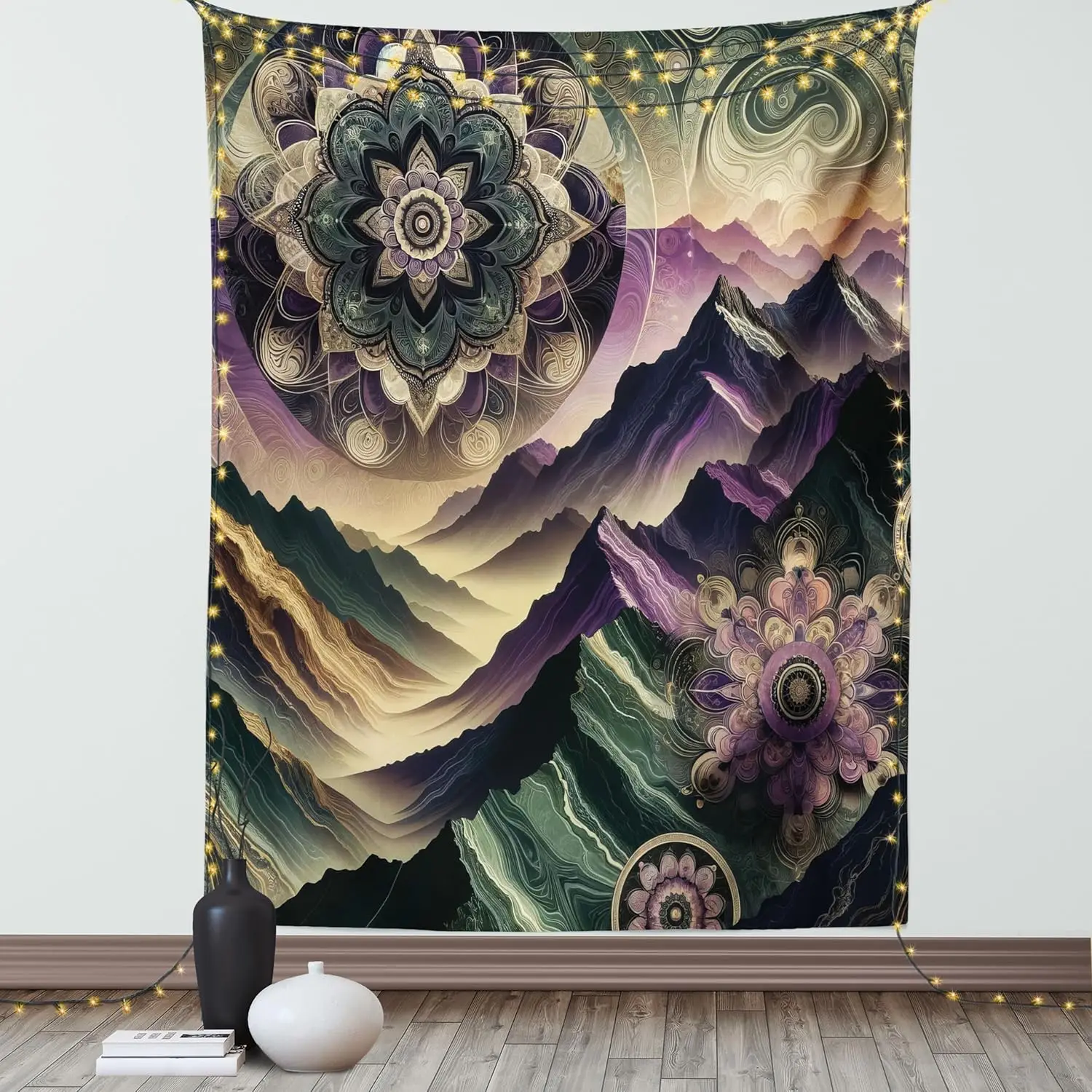 Dreamy Tones Wilderness Scenery with Mountains and Blooming Trippy Floral, Wall Hanging for Bedroom Living Room Dorm Decor, Pale