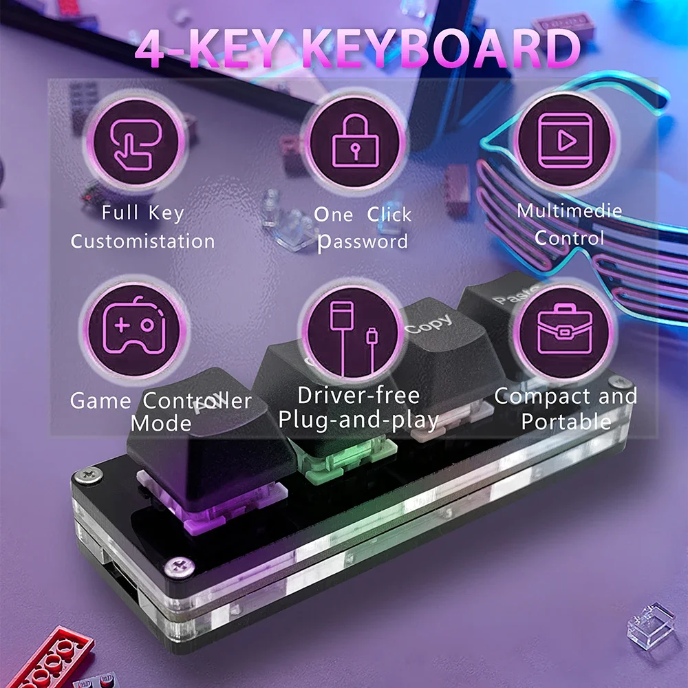 Mini Keypad 3/4 Keys Copy Paste Cut Keyboard One Handed Keypad Programmable Shortcut Macro Keyboard for Working Game Personalize