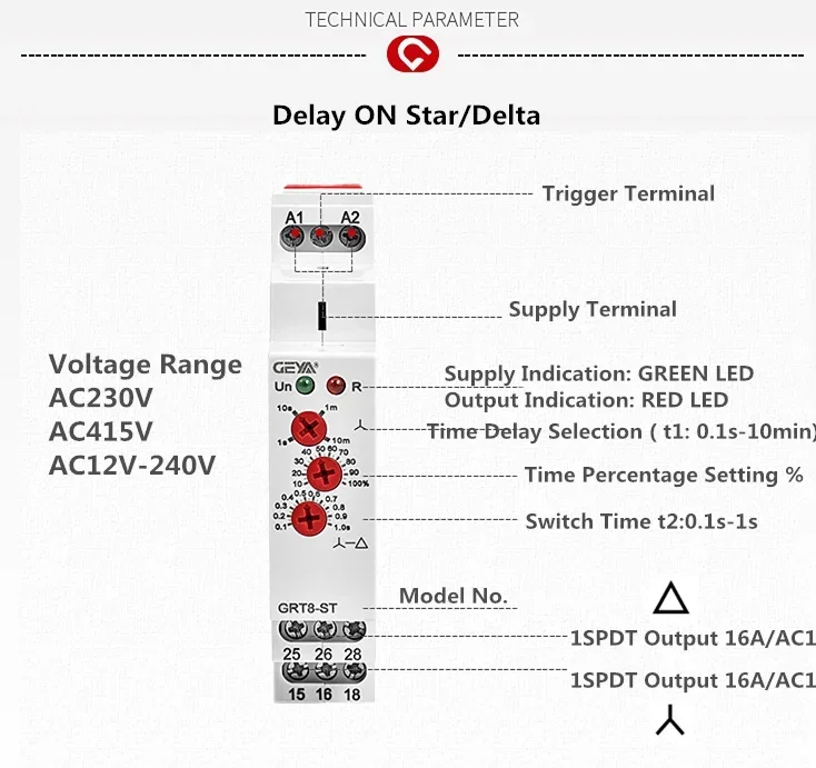 GEYA GRT8-ST Delay on Motor Star Delta Timer Soft starter AC230V 380V~440V AC/DC12V-240V Delta Relay Motor Starter