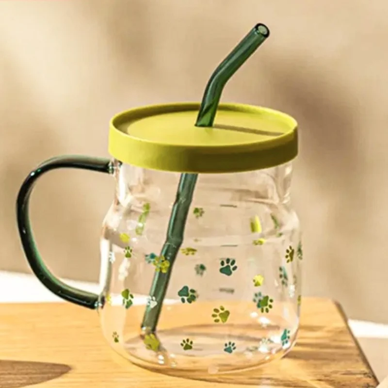 ins-style-glass-cup-with-straw-office-ladies-home-milk-tea-high-aesthetic-value-cup-antibacterial-round-cylinder-single-layer