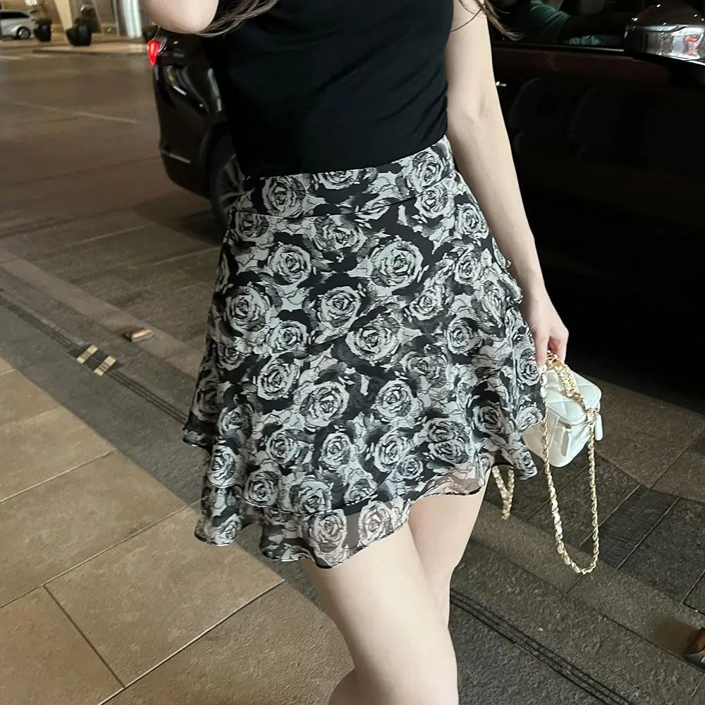 Korea 2023 Autumn New Feminine Pattern Pleated Flowers Elegant Sweet Fashion Short Mini Skirt Hot Sexy Sweet