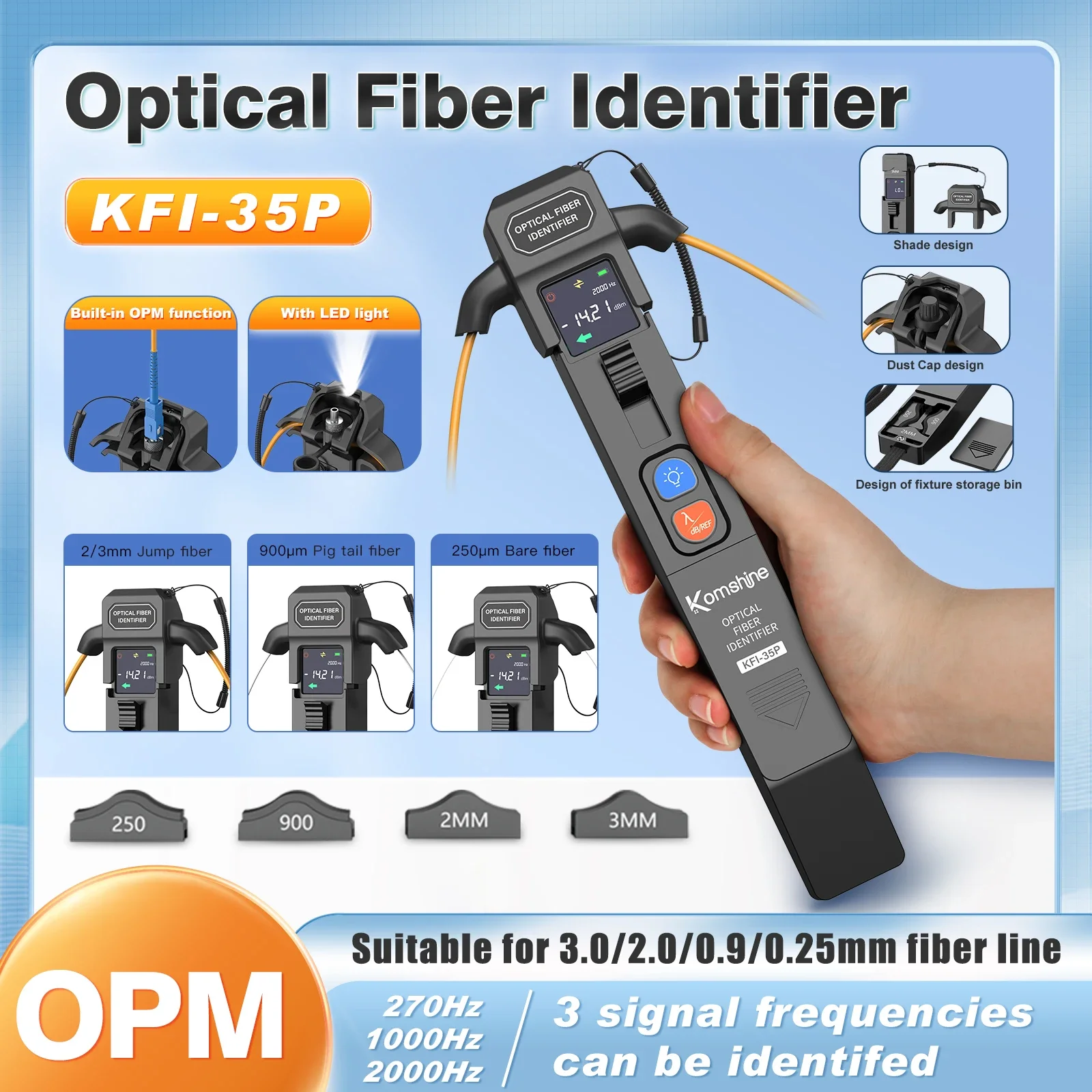 Komshine KFI-35P Metal Fiber Optic Identifier,Suit for 0.25/0.9/2/3 Fiber Line 800-1700nm  Built in OPM/VFL