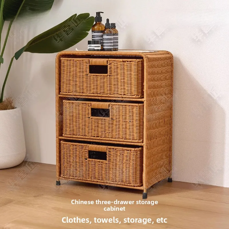 

Rattan-Style Three-Tier Storage Cabinet, Home Living Room Outdoor Garden Organizer, Bedroom Floor Drawer Bedside Cabinet