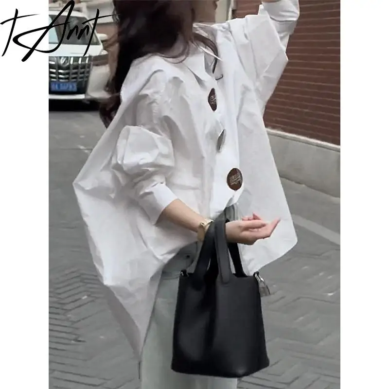 

TANNT Женская рубашка 2024, осень-весна, новая мода, однотонная шикарная белая, черная женская блузка, свободная повседневная длинная универсальная женская блузка