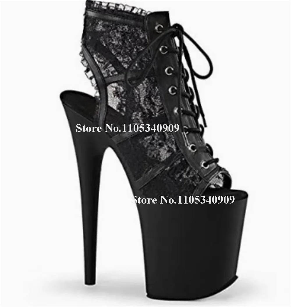 

Bondarenko Elegant Black Mesh Stiletto Heel Short Boots Peep Toe Pinted Lace Lace-up High Platform 20cm Thin Heel Dance Shoes