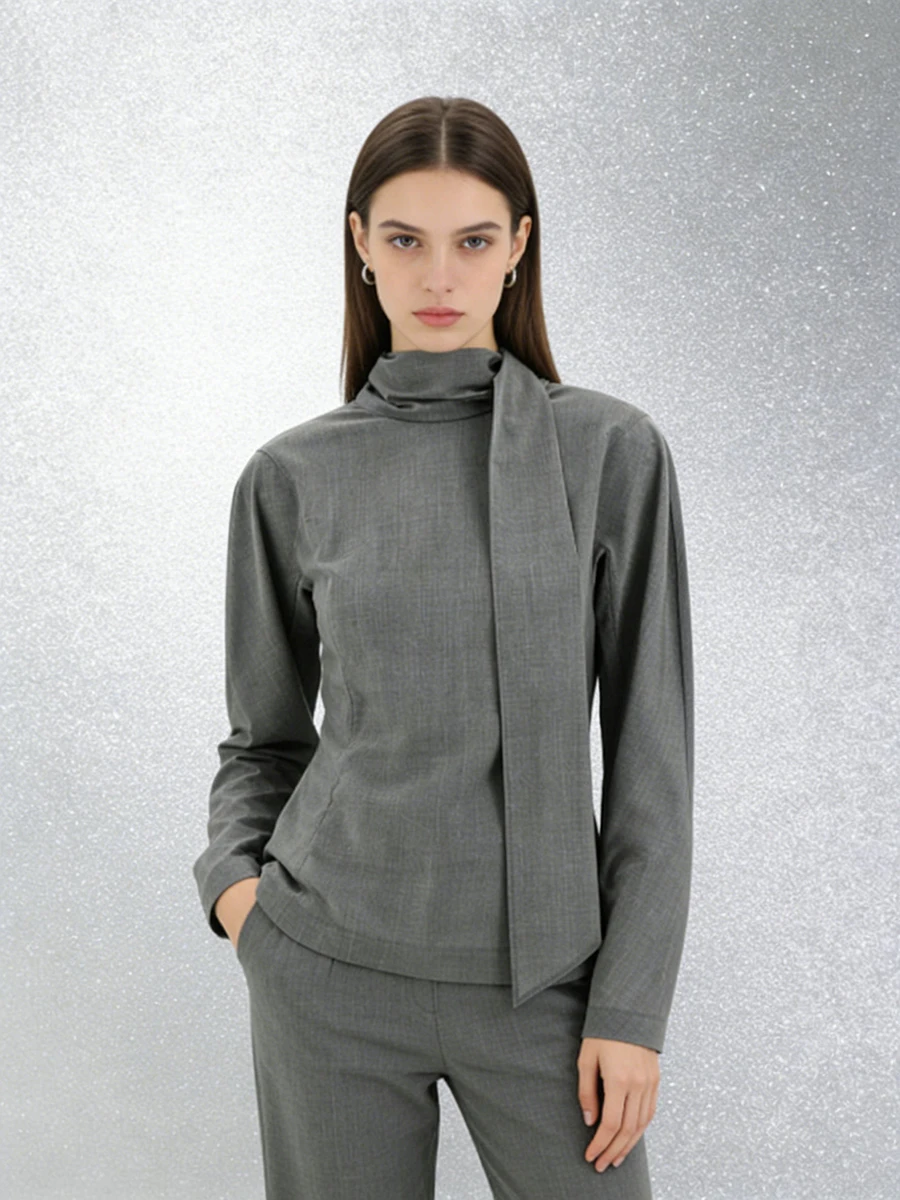 TWOTWINSTYLE Effen Gesplitst Lint Minimalistische Blouses voor Vrouwen Stand Hals Lange Mouwen Backless Tuniek Blouse Vrouwelijke Kleding Nieuwe