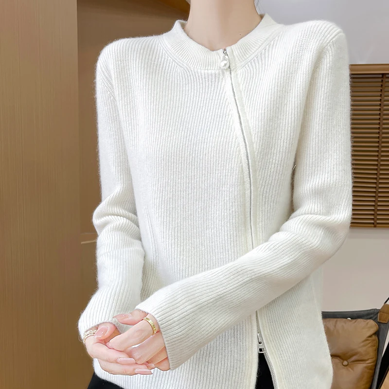 

100% Merino Wool Fashion Women Diagonal Zipper Cardigan Cashmere Long Sleeves Design Sense Warm Clothing Top Casual Solid Color