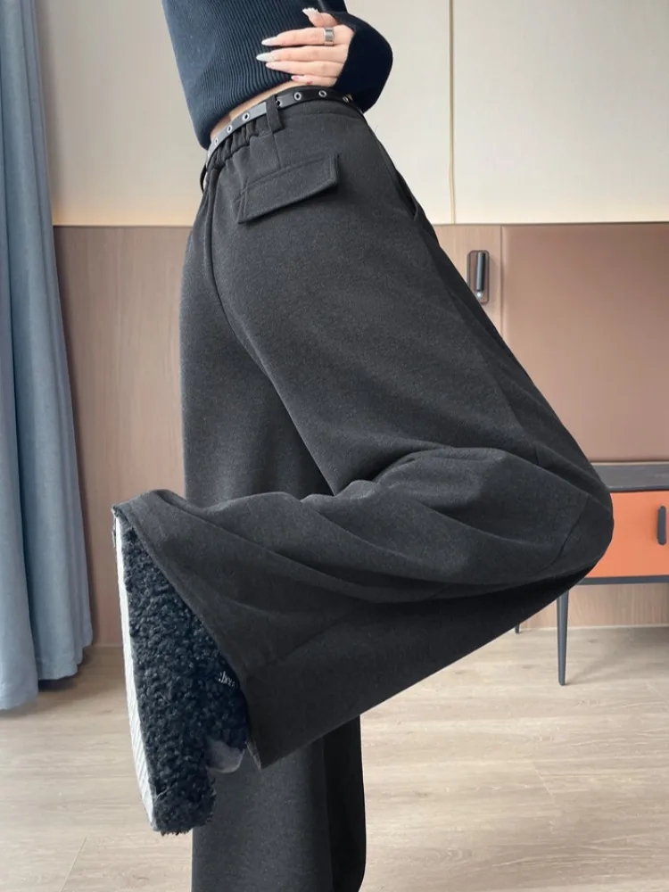 Modne spodnie damskie z wysokim stanem, ocieplane wełną, codzienne, zimowe, z podszewką z polaru, proste nogawki, długość do podłogi, szerokie nogawki.