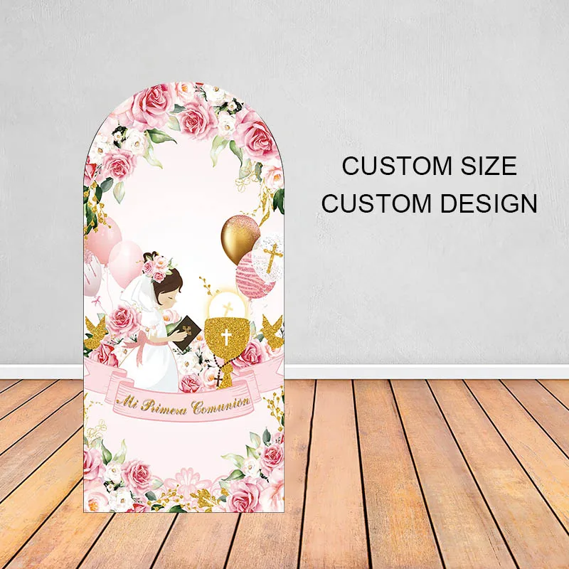 Mehofond فتاة المعمودية خلفية مقوسة Mi Primera Comunión زهرة الذهب عبر بالون ديكور التعميد خلفية 2-الجانب الدعامة