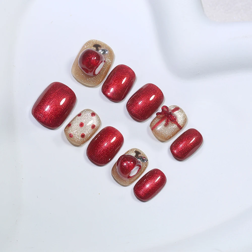 

10Pcs Women Christmas Cute 3D Little Apple Press on Nails Red Short Style Finger Tips Gift Bow Princess Golden Red Fake Nails