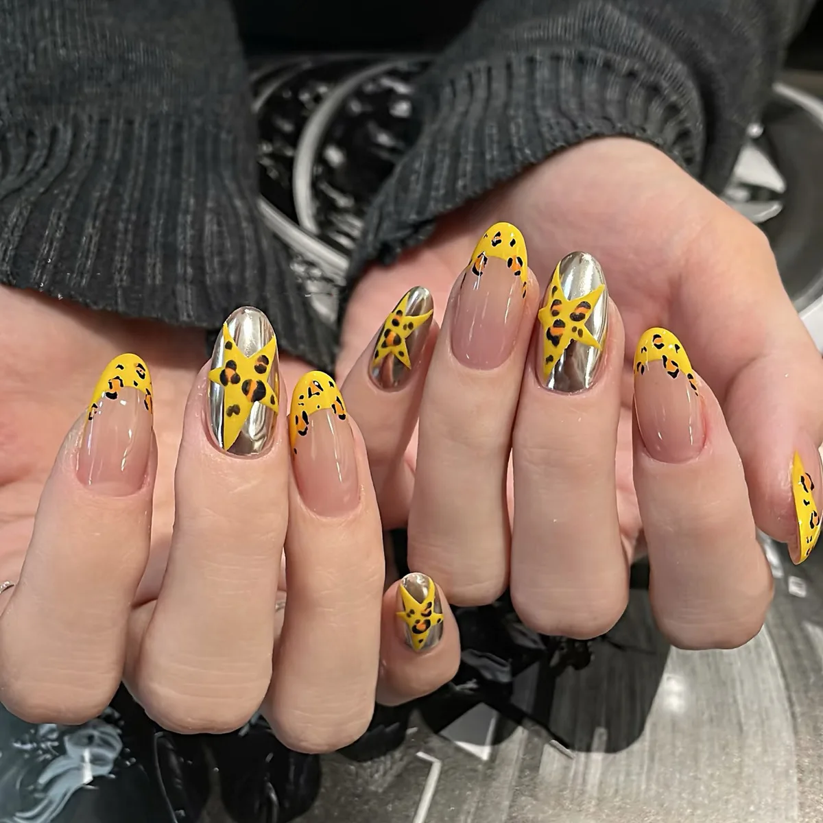 

10 шт., короткие ногти ручной работы Y2K Press On Nail, французский леопардовый принт, звезда, волшебный зеркальный дизайн, накладные ногти, носимые кончики ногтей, искусство, пряная девушка