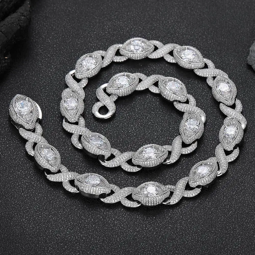 NUOYA 15mm Hip Hop Jewelry Iced Out Cuban Chain Big Diamond Eye Shape Silver Cuban Infinite Links Choker Necklace for Women