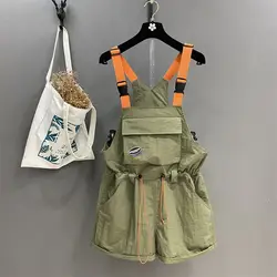 Straat Casual Contrast Losse Overalls Zomer Nieuwe Geplooide Zakken Met Trekkoord Patchwork Trendy Shorts Mode Vintage Dameskleding