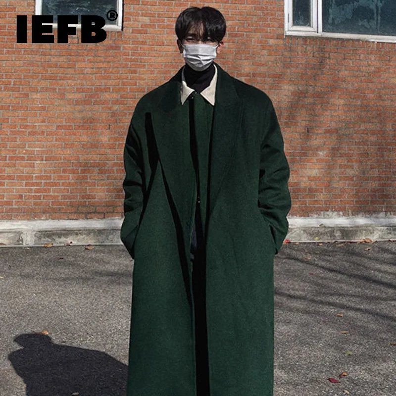 IEFB abrigo largo de lana para hombre Otoño Invierno moda coreana gabardina gruesa suelta 2023 Color sólido sobre la rodilla chaqueta masculina