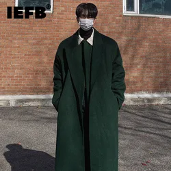 IEFB Long Woolen Coat Men Autumn Winter Korean Fashion Loose Thick Trench 2023 Solid Color Over Knee Male Jacket 9A6518