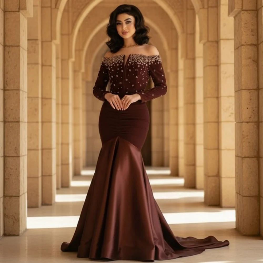 Vestidos largos personalizados, elegantes, clásicos, Charmeuse, con diamantes de imitación, sirena fruncida, hombros descubiertos, vestidos para ocasiones a medida a juego