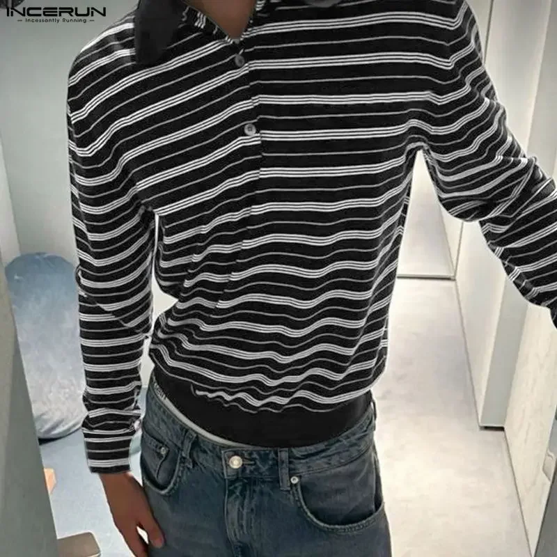 

INCERUN Men Shirt Lapel Striped Long Sleeve Korean Style Casual Men Clothing Streetwear Shirts Men 2026 Loose Fashion Tops S-5XL
