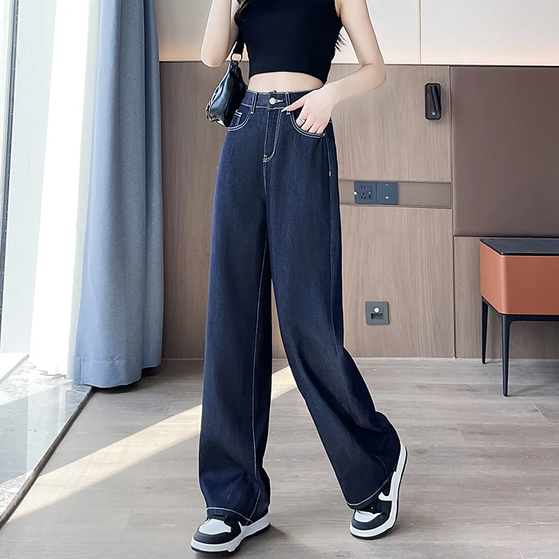 

Ultra-Thin Ice Silk Women's Straight Leg Jeans Summer Non-Fading Casual High Waist Denim Pants Lyocell Draping