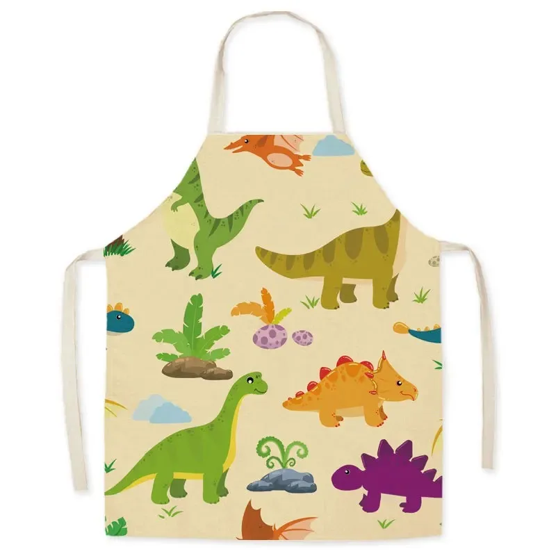 Delantal de dinosaurio de dibujos animados para niños, delantal de cocina de lino, tela suave, babero, accesorios de cocina para adultos y niños